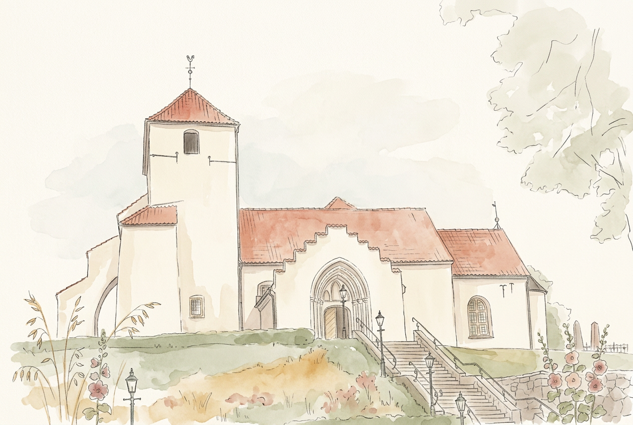 Vitaby kyrka med rött tegeltak på en grön kulle